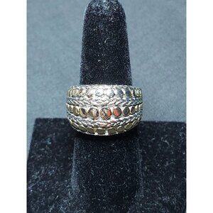 Wide Silver & Gold Tone Textured Band Ring With Braided & Dotted Design Size 8